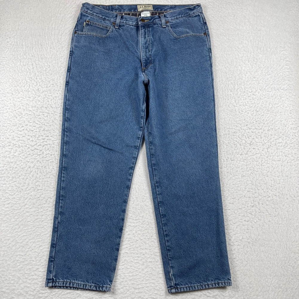 LL Bean Flannel Lined Jeans Mens 38x30 (36x29) Blue Classic Plaid Lined Denim